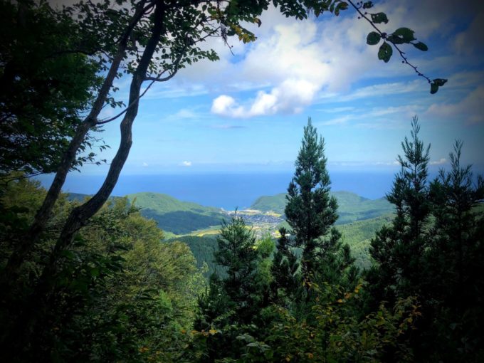 Sanze village near Mt. Fujikura surrounded by green mountains and the blue Sea of Japan can be seen through the trees in the distance through the trees of Mt. Fujikura