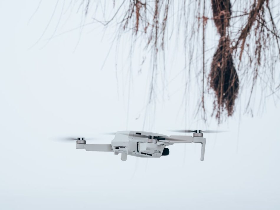 white drone flying over brown leafless tree